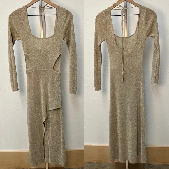 NWT Misa Los Angles Metallic Gold Beige Knit Cut Out Midi Sweater Dress - Picture 13 of 13